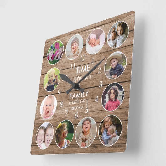 Rustic Wood 12 Photo Round Template Family Quote Quadratische Wanduhr (Winkel)