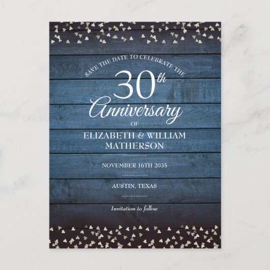 Rustic Wood 30th Pearl Anniversary Save the Date Postkarte (Vorderseite)