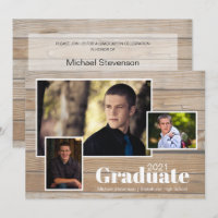 Rustic Wood 3 Foto Graduation Party Einladung