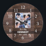 Rustic Wood 4 Foto von Collage Wedding Anniversary Große Wanduhr<br><div class="desc">Wedding clocks to personalize with the paar's foto and last name. The rustic wood background adds a country chic look. Great gift for weddings,  anniversaries und new home housewarming .</div>