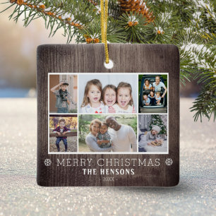 Rustic Wood 6 Photo Collage Christmas Family Keramikornament