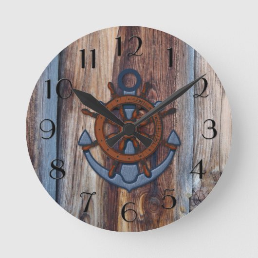 Rustic Wood Anchor Nautical Wall Clock Runde Wanduhr (Vorderseite)