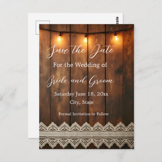 Rustic Wood and Lace Save the Date Postcard Postkarte (Vorne/Hinten)