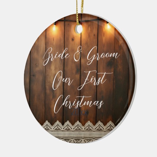 Rustic Wood and Lace Wedding First Christmas Keramik Ornament (Links)