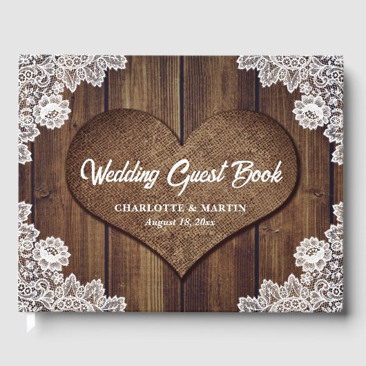 Rustic Wood and Lace Wedding Guest Book Gästebuch (Vorderseite)