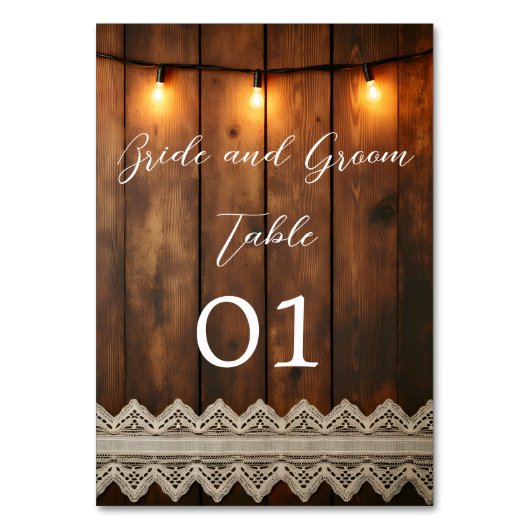 Rustic Wood and Lace Wedding Table Card Tischnummer (Vorderseite)