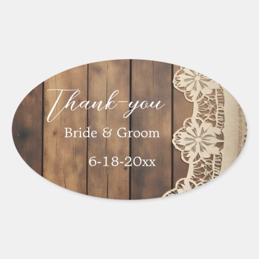 Rustic Wood and Lace Wedding Thank-you Sticker (Vorderseite)