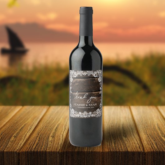 Rustic Wood and Lace Wedding Vielen Dank Weinetikett