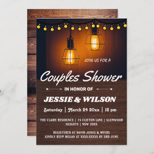 RUSTIC WOOD AND LIGHTS COUPLES SHOWER INVITATION EINLADUNG (Vorne/Hinten)