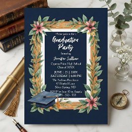Rustic Wood and Navy Blue Floral Photo Graduation Einladung