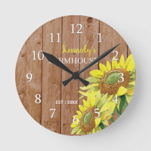 Rustic Wood And Sunflower Farmhouse Kitchen Runde Wanduhr