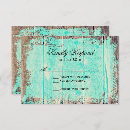 Rustic Wood Aqua Country Wedding RSVP Cards (Vorne/Hinten)