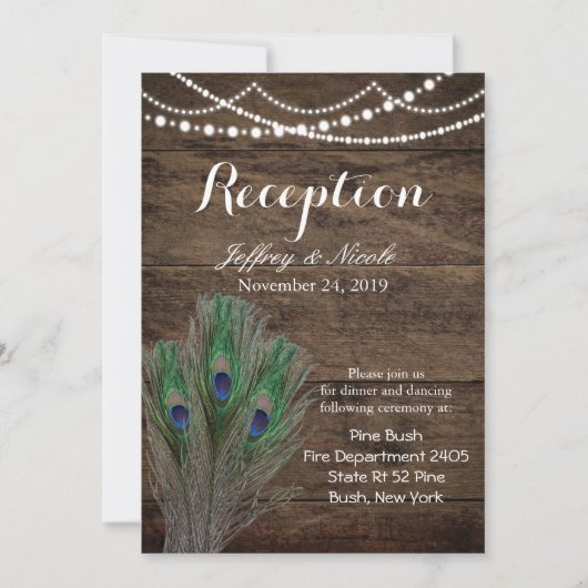 Rustic Wood Aquamarin Feather Peacock Wedding Card Einladung (Vorderseite)
