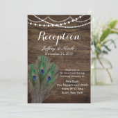 Rustic Wood Aquamarin Feather Peacock Wedding Card Einladung (Stehend Vorderseite)