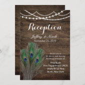 Rustic Wood Aquamarin Feather Peacock Wedding Card Einladung (Vorne/Hinten)