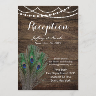 Rustic Wood Aquamarin Feather Peacock Wedding Card Einladung