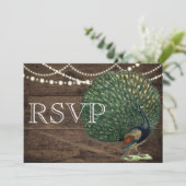 Rustic Wood Aquamarin Feather Peacock Wedding Card Einladung (Stehend Vorderseite)