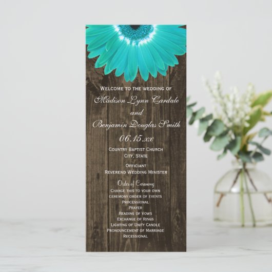 Rustic Wood Aquamarin Gerber Daisy Hochzeitsprogra Programm (Stehend Vorderseite)