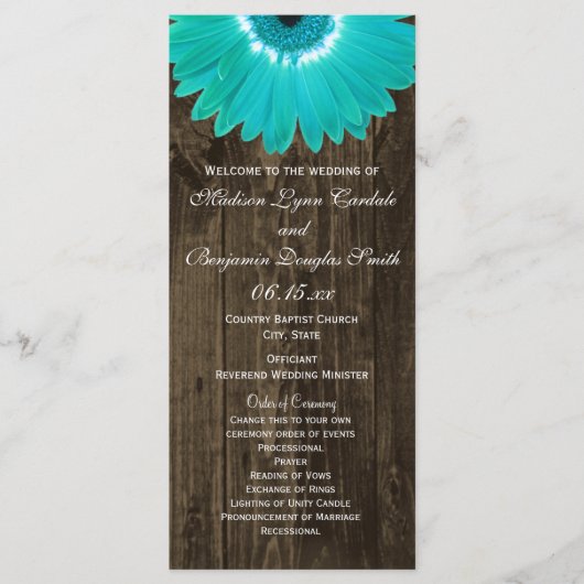 Rustic Wood Aquamarin Gerber Daisy Hochzeitsprogra Programm (Vorderseite)