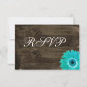 Rustic Wood Aquamarin Gerber Daisy Wedding RSVP Ca (Rückseite)
