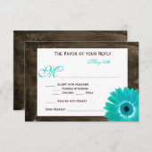 Rustic Wood Aquamarin Gerber Daisy Wedding RSVP Ca (Vorne/Hinten)