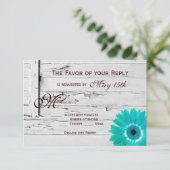 Rustic Wood Aquamarin Gerber Daisy Wedding RSVP Ca (Stehend Vorderseite)