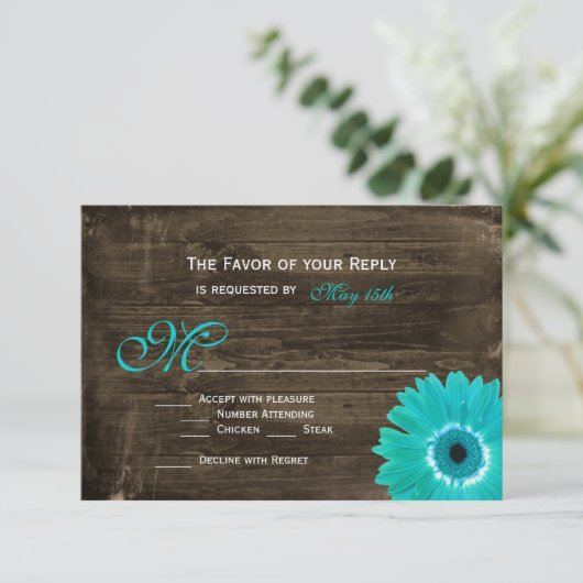 Rustic Wood Aquamarin Gerber Daisy Wedding RSVP Ca (Stehend Vorderseite)