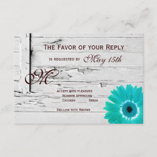 Rustic Wood Aquamarin Gerber Daisy Wedding RSVP Ca Karte
