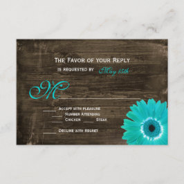 Rustic Wood Aquamarin Gerber Daisy Wedding RSVP Ca Karte