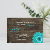 Rustic Wood Aquamarin Gerber Daisy Wedding RSVP Ca Karte (Stehend Vorderseite)