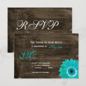 Rustic Wood Aquamarin Gerber Daisy Wedding RSVP Ca Karte (Vorne/Hinten)
