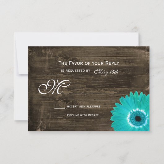 Rustic Wood Aquamarin Gerber Daisy Wedding RSVP Ca Karte (Vorderseite)