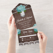 Rustic Wood Aquamarin Hydrangea Mason Jar Wedding All In One Einladung (Abreißen)