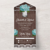 Rustic Wood Aquamarin Hydrangea Mason Jar Wedding All In One Einladung (Innen Boden)