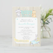 Rustic Wood Baby Animals Dusche Einladung | Mint (Stehend Vorderseite)