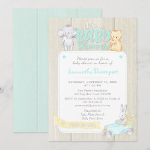 Rustic Wood Baby Animals Dusche Einladung   Mint