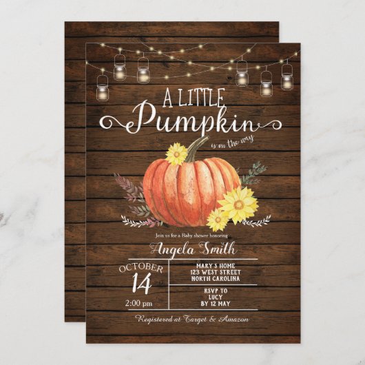 Rustic Wood Baby Dusche Little Pumpkin Einladung (Vorne/Hinten)