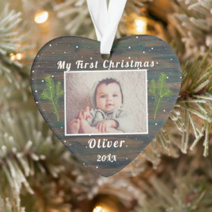 Rustic Wood Baby - Erstes Weihnachtsfest-Foto Ornament