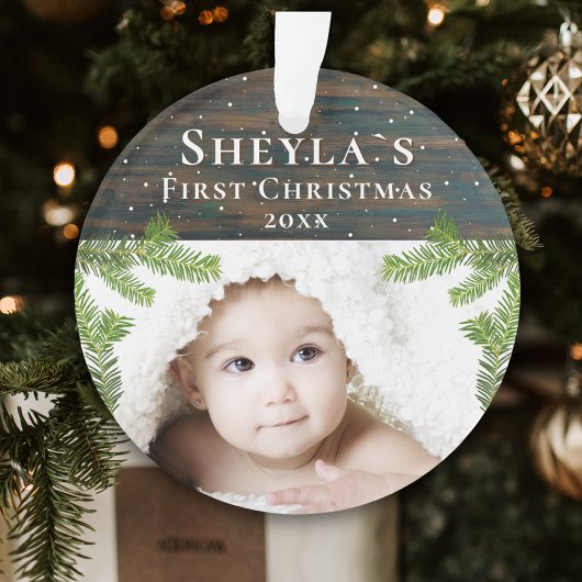 Rustic Wood Baby - Erstes Weihnachtsfest-Foto Ornament
