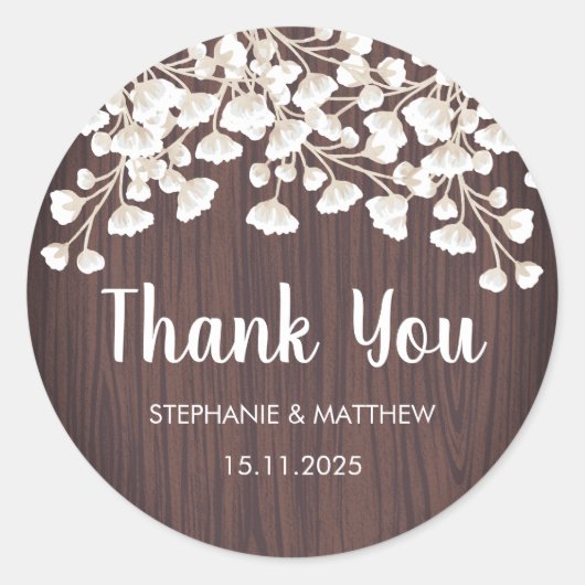 Rustic Wood Babys Atemblut Danke Hochzeit Runder Aufkleber (Vorderseite)