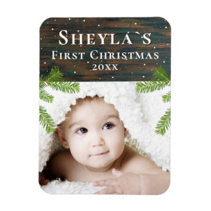 Rustic Wood Baby's erstes Weihnachtsfest-Foto Magnet