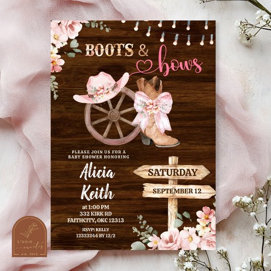 rustic wood background floral boots and bows einladung