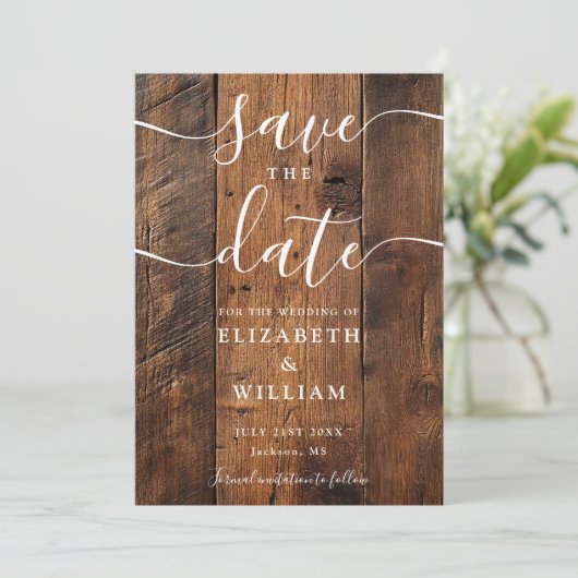 Rustic Wood Barn Boho Chic Wedding Save The Date (Stehend Vorderseite)
