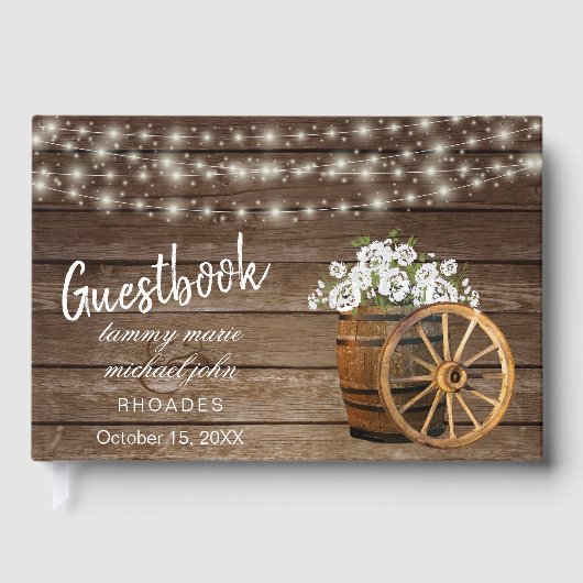 Rustic Wood Barrel mit White Blume Gästebuch (Vorderseite)