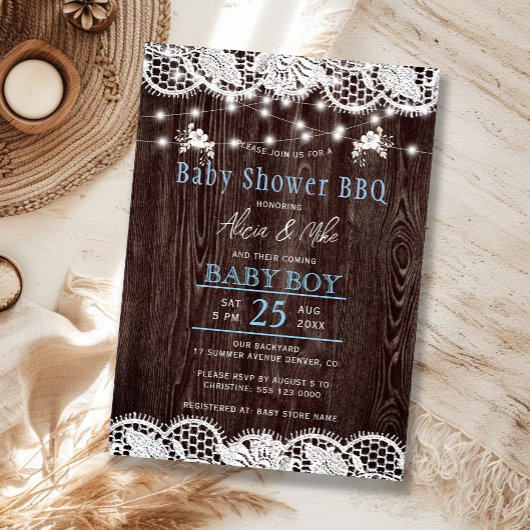 Rustic wood BBQ boy baby shower Einladung