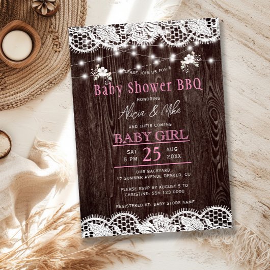 Rustic wood BBQ girl baby shower Einladung