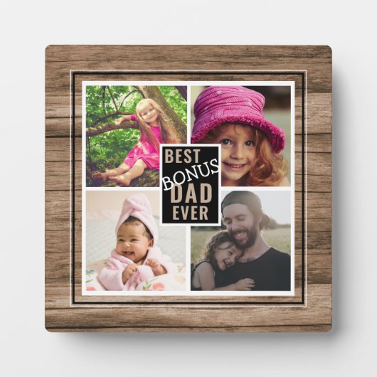 Rustic Wood Best Bonus Vater je 4 Foto Collage Fotoplatte (Vorderseite)