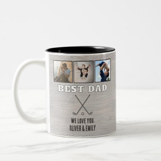 Rustic Wood Best Dad 3 Photo Collage Keepsake Golf Zweifarbige Tasse (Links)