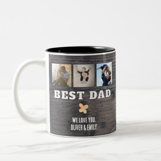 Rustic Wood Best Dad 3 Photo Collage Keepsake Zweifarbige Tasse (Links)