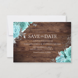 Rustic Wood Blue Aquamarin Aqua Rose Blumenzehen Save The Date